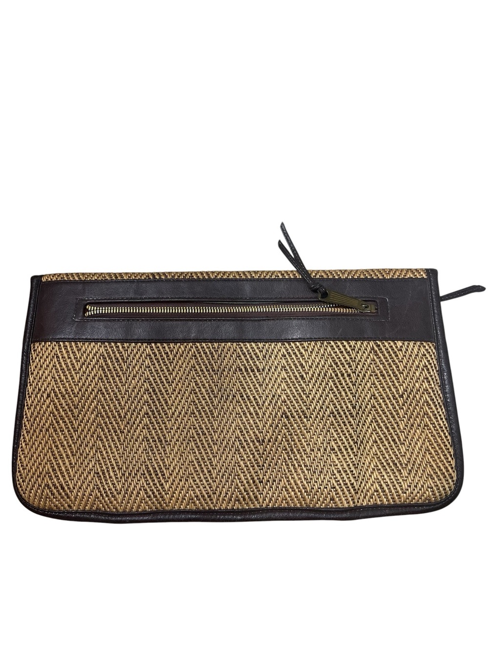 Vintage Woven Raffia Brown Trim Cutout Handle Clutch Coastal Resort Chic - Picture 4 of 6
